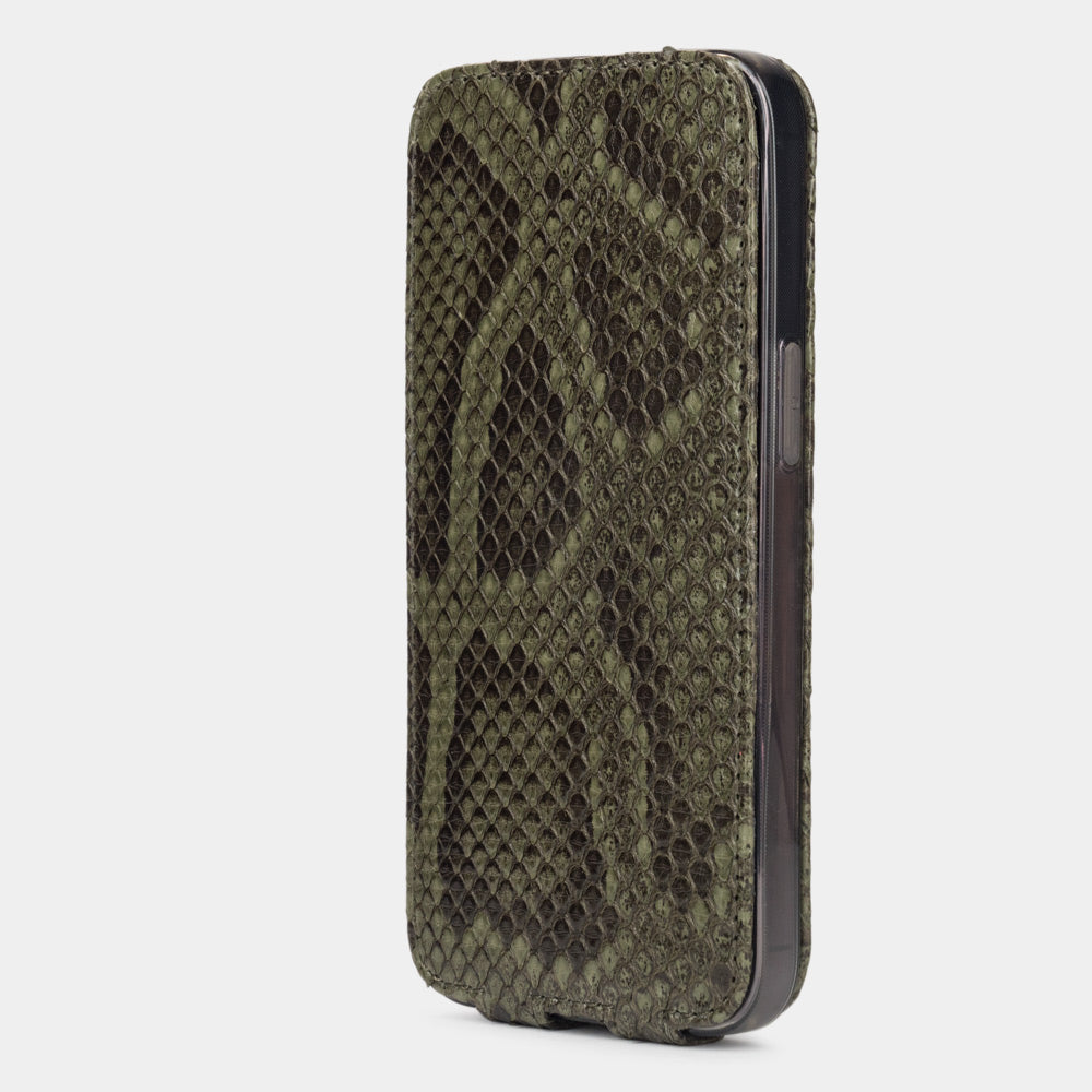 Green python leather flip case for iPhone 15 Pro – flap closed, three-quarter front view showing the scale pattern