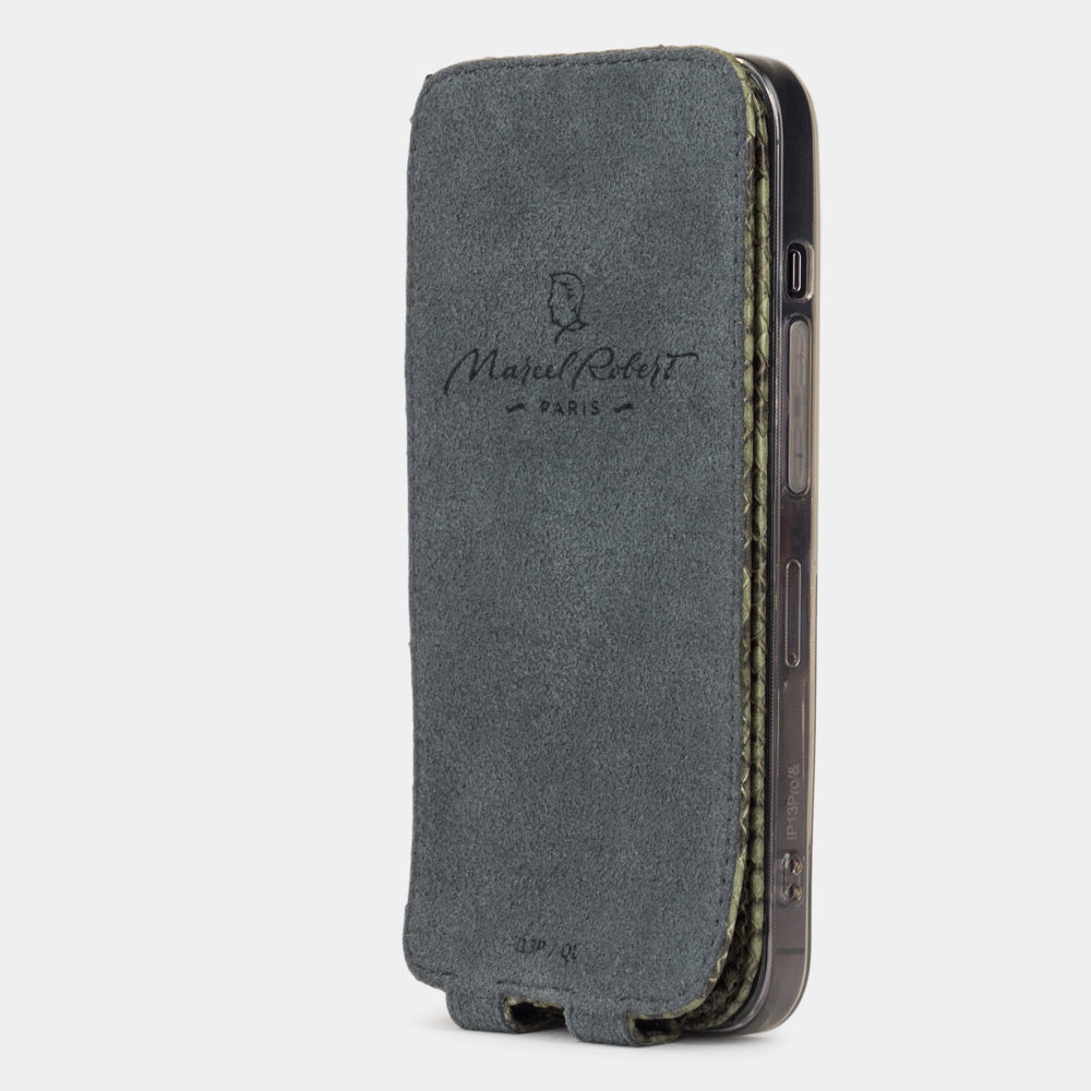 green python leather flip case for iPhone 13 mini, vertical view with cover folded behind the phone revealing grey microfiber lining
