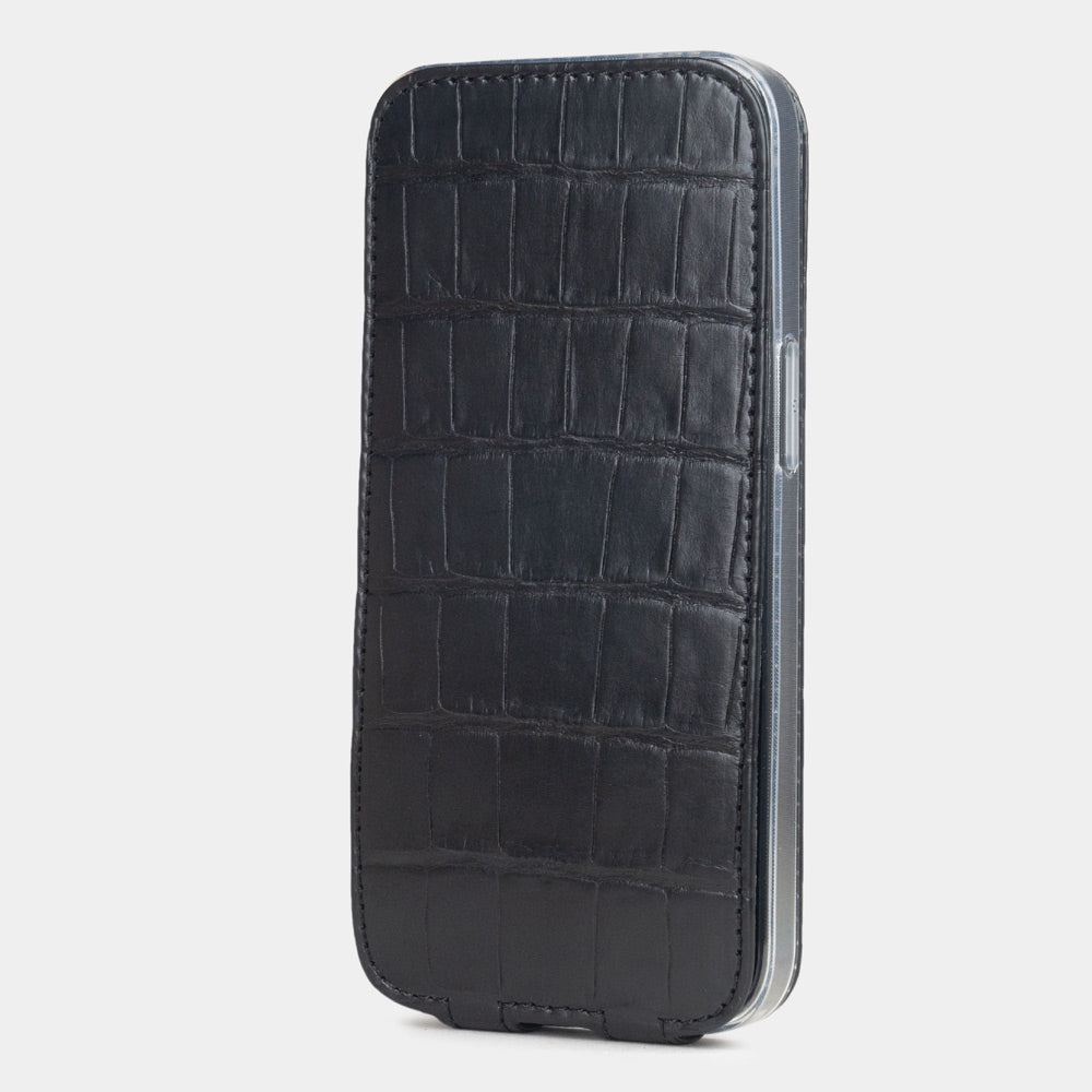 Coque iPhone 16e noire en cuir alligator avec MagSafe