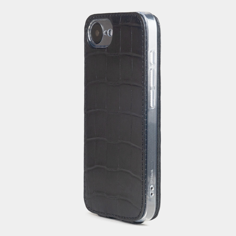 Coque iPhone 16e noire en cuir alligator avec MagSafe