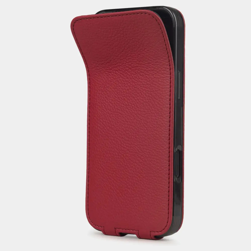 Red Calfskin Case iPhone 17 Pro Max – phone flip case with textured natural scale pattern, flexible front cover folding back to protect the smartphone screen