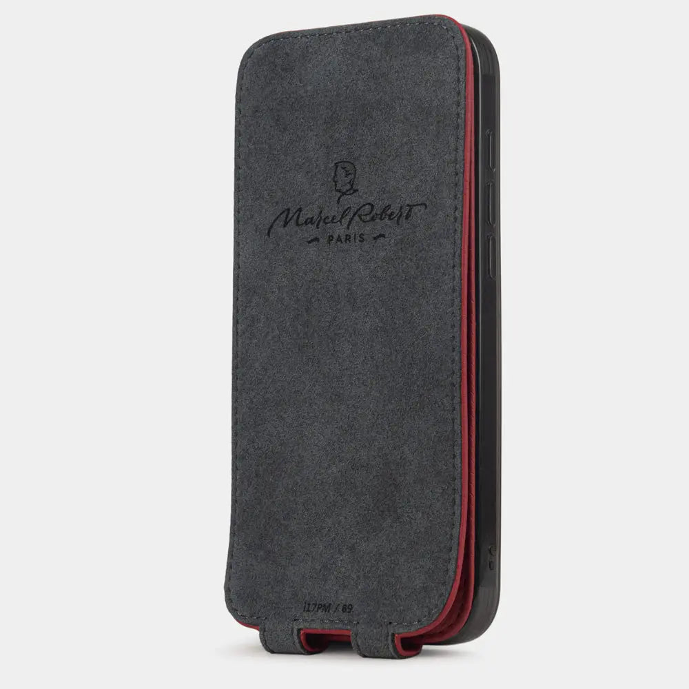 Red Calfskin Case iPhone 17 Pro - interior view showing grey Alcantara lining with magnetic closure, designed to clean and protect the screen