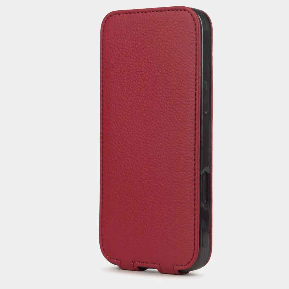 Red Calfskin Case iPhone 17 pro Max – upright closed view highlighting the magnetic front cover fully protecting the screen, elegant silhouette
