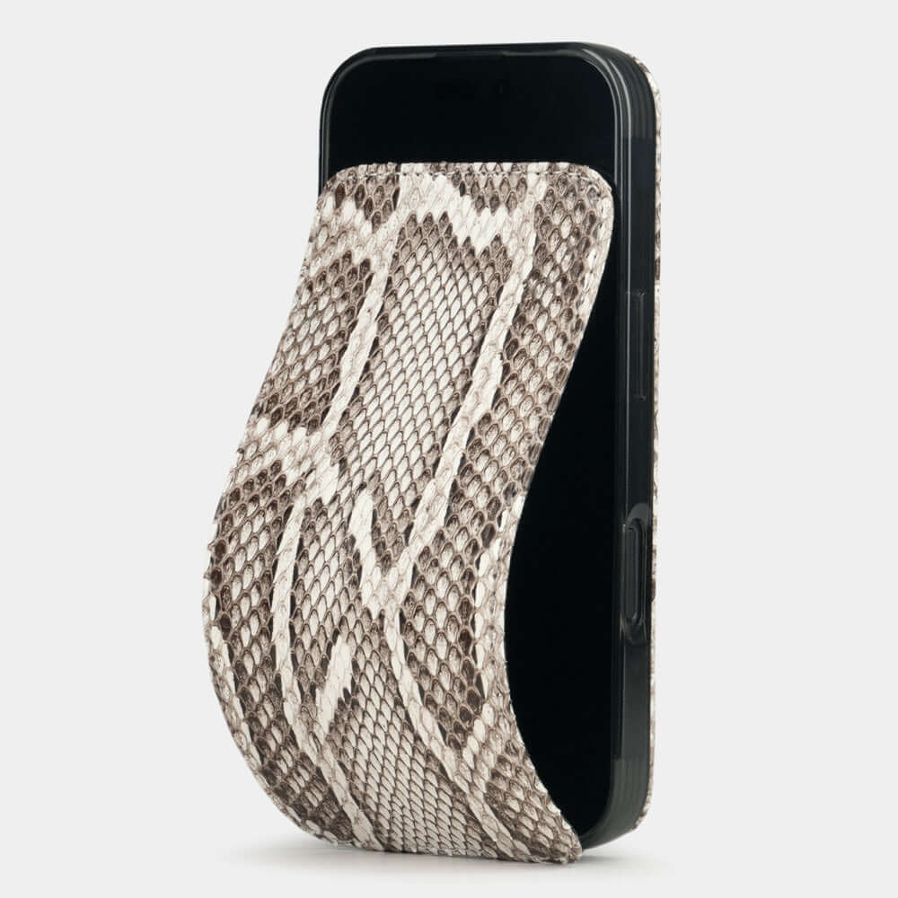 Natural Python Case iPhone 17 – luxury handmade phone case in genuine python leather with magnetic front cover partially open, main photo
