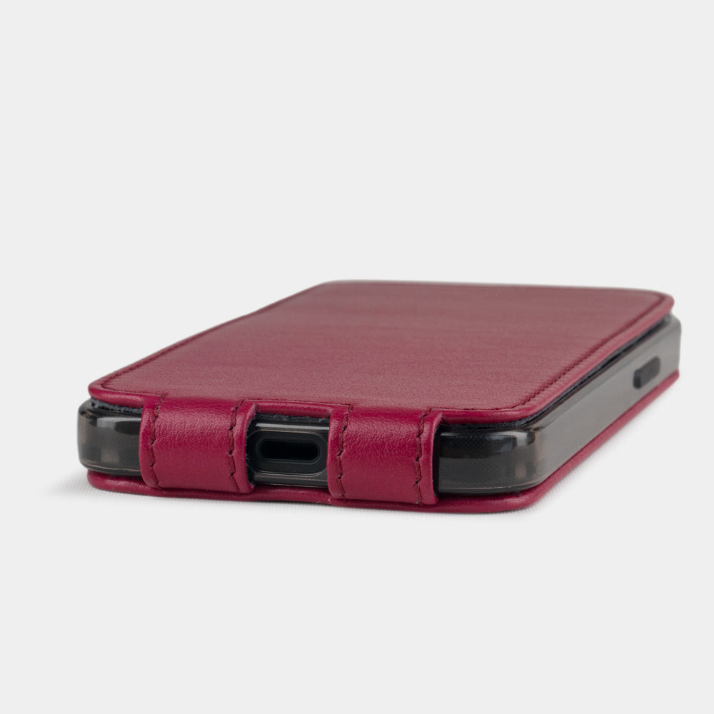 pink fushia leather flip case for iPhone 12 pro max, view of the case laid flat showing its slim profile