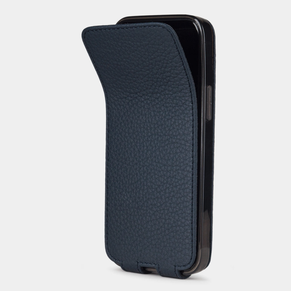 blue leather iPhone 12 pro max flip case shown partially open, slim handcrafted leather cover with magnetic flap