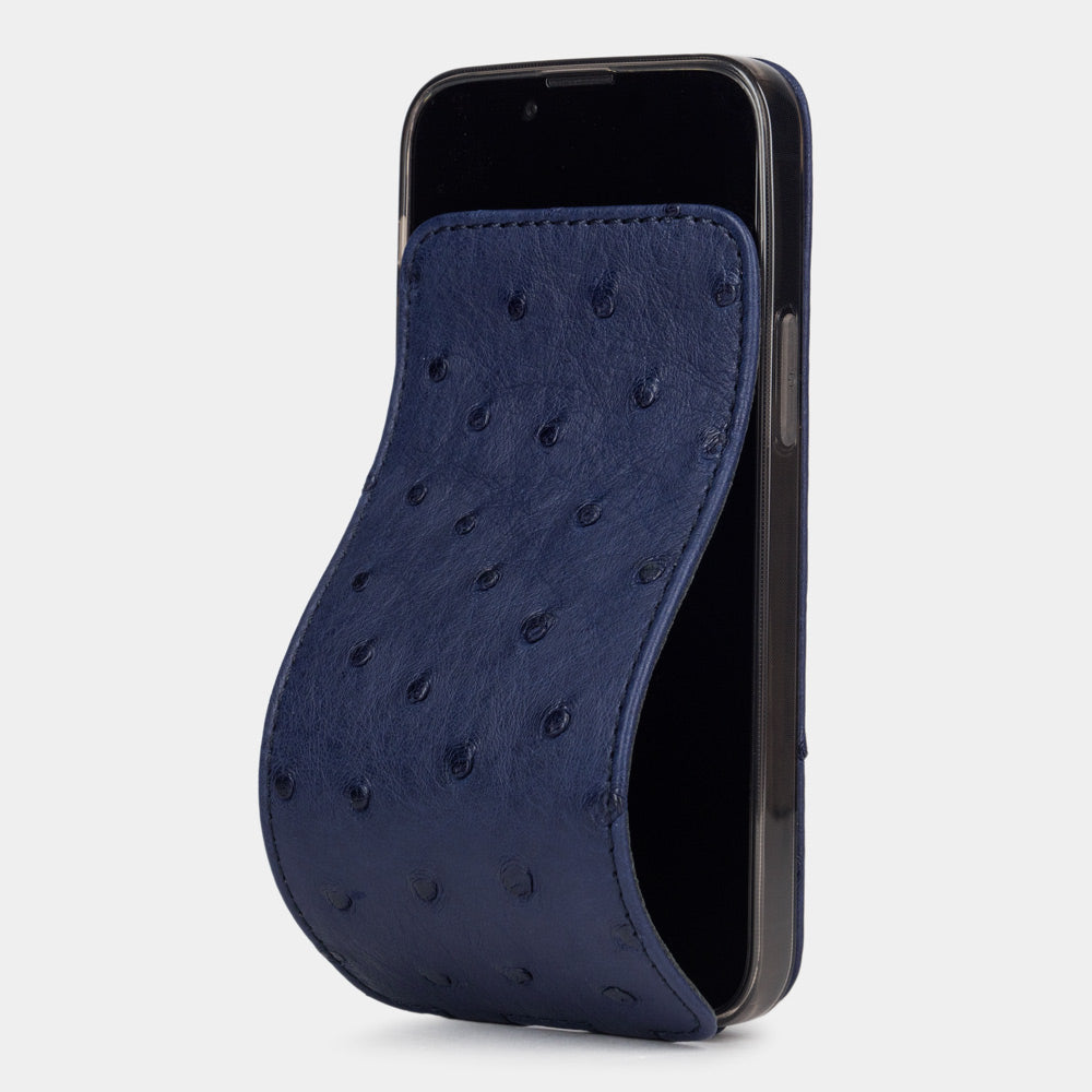 iPhone 13 Pro and Pro Max blue ostrich leather case featuring Marcel Robert's exclusive flexible screen-cleaning flap