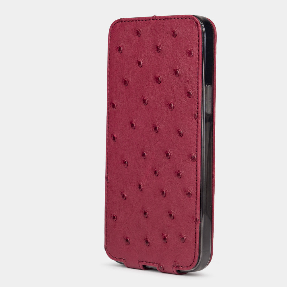iPhone 13 Pro and Pro Max fuchsia ostrich leather case closed view with full screen protection and visible quill grain
