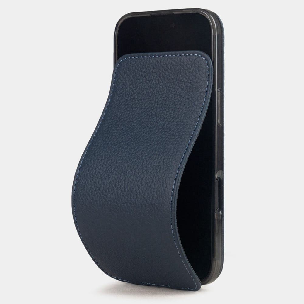 blue leather case iPhone 17 Air – luxury handmade phone case in genuine ostrich leather with magnetic front cover partially open