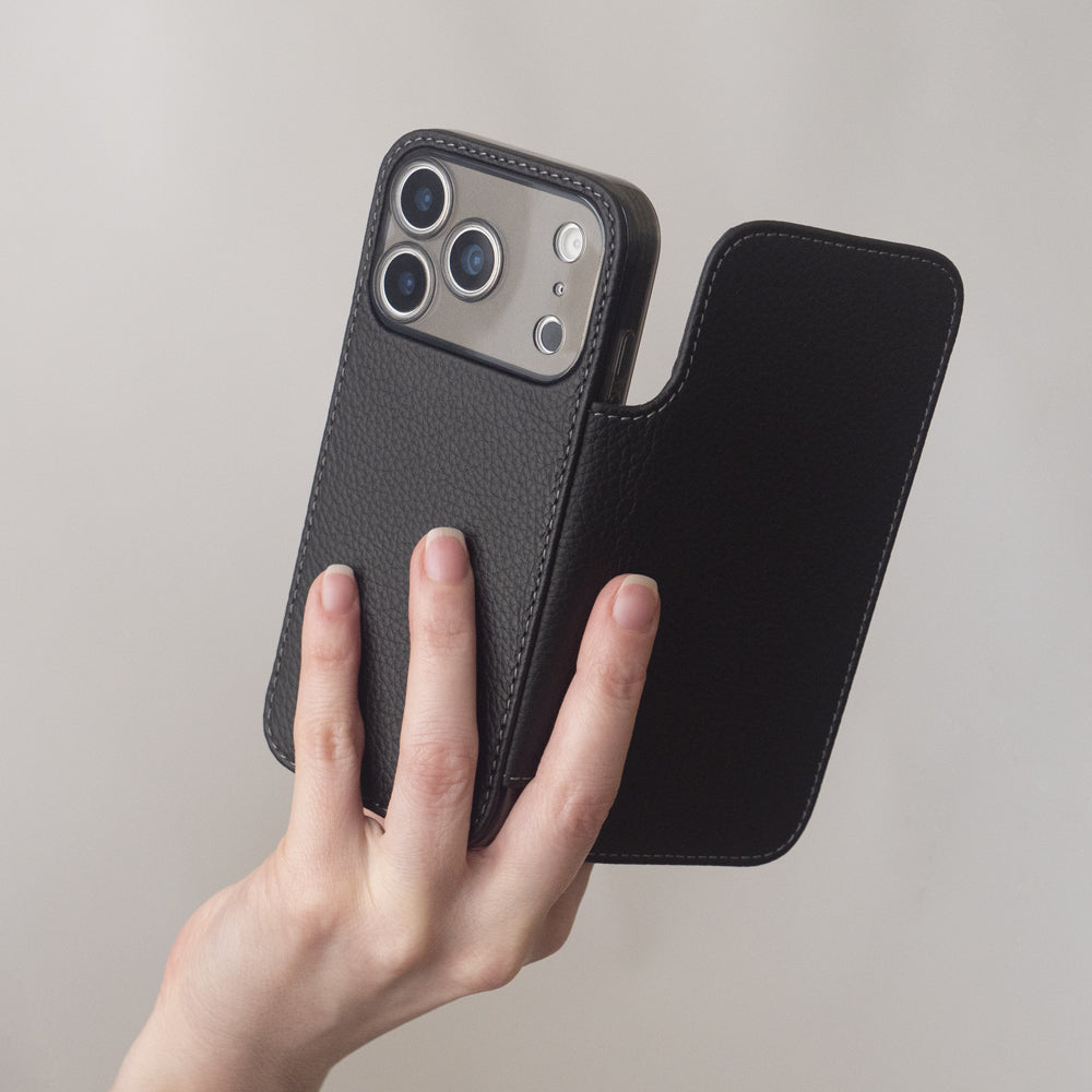 Coque portefeuille iPhone 17 Pro en cuir noir avec MagSafe