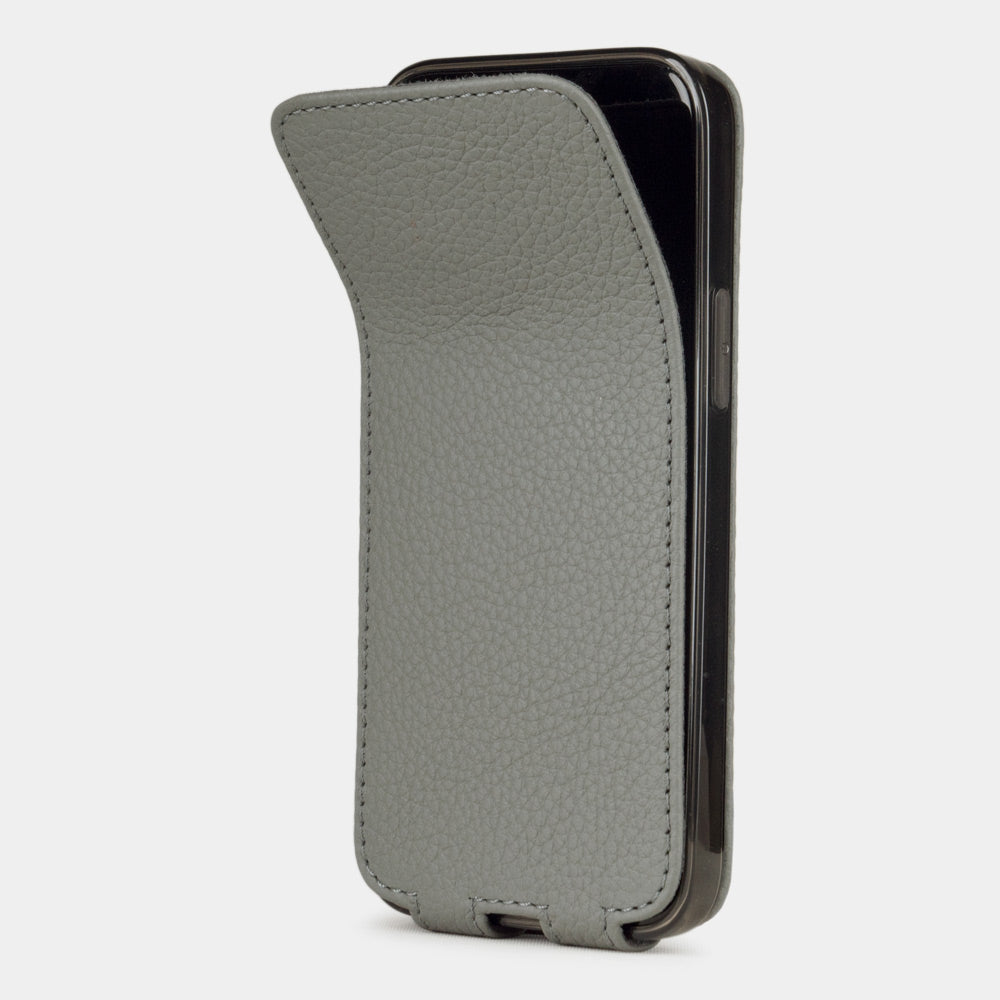 gray leather iPhone 12 pro flip case shown partially open, slim handcrafted leather cover with magnetic flap