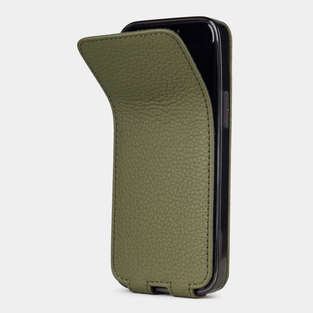 green leather iPhone 12 pro max flip case shown partially open, slim handcrafted leather cover with magnetic flap