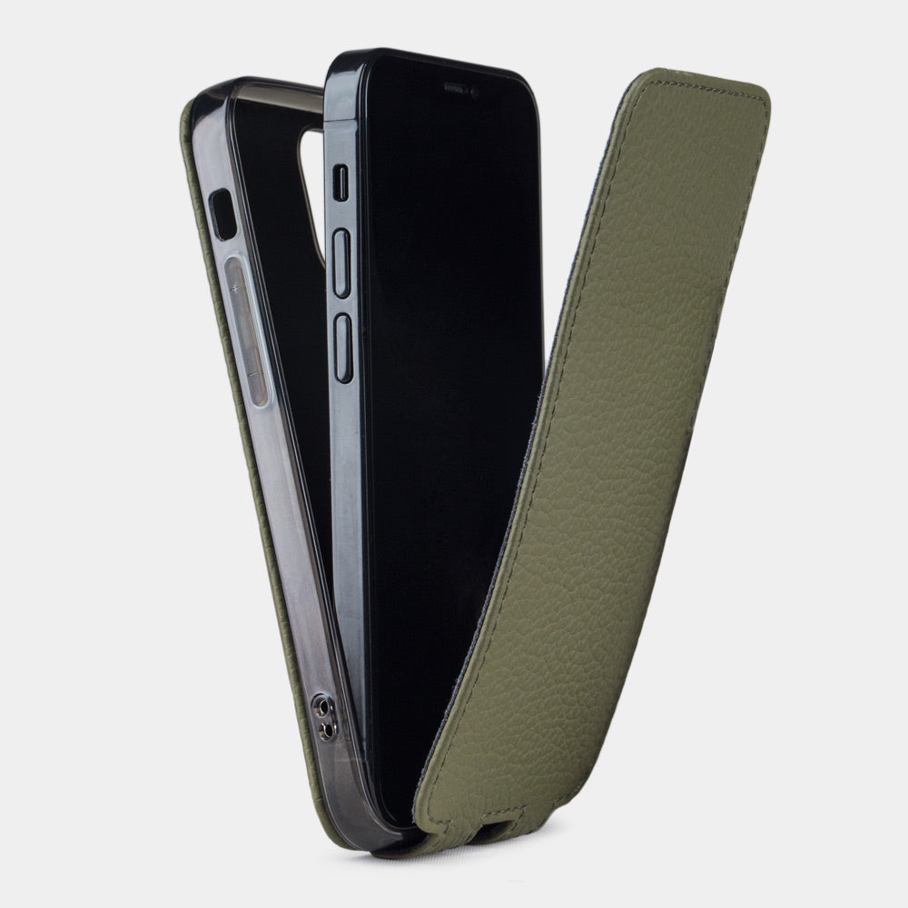 green leather iPhone 12 pro max case showing slim protective silicone shell and magnetic flip cover