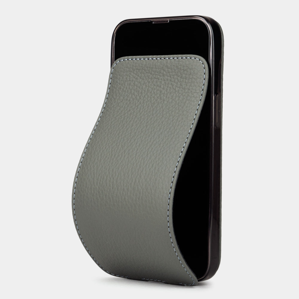 Grey calfskin leather flip case for iPhone 15 – folding magnetic flap curving away to clean the screen