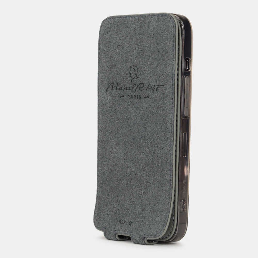 Grey calfskin leather flip case for iPhone 15 – Alcantara® inner lining to smoothly clean the iPhone's screen