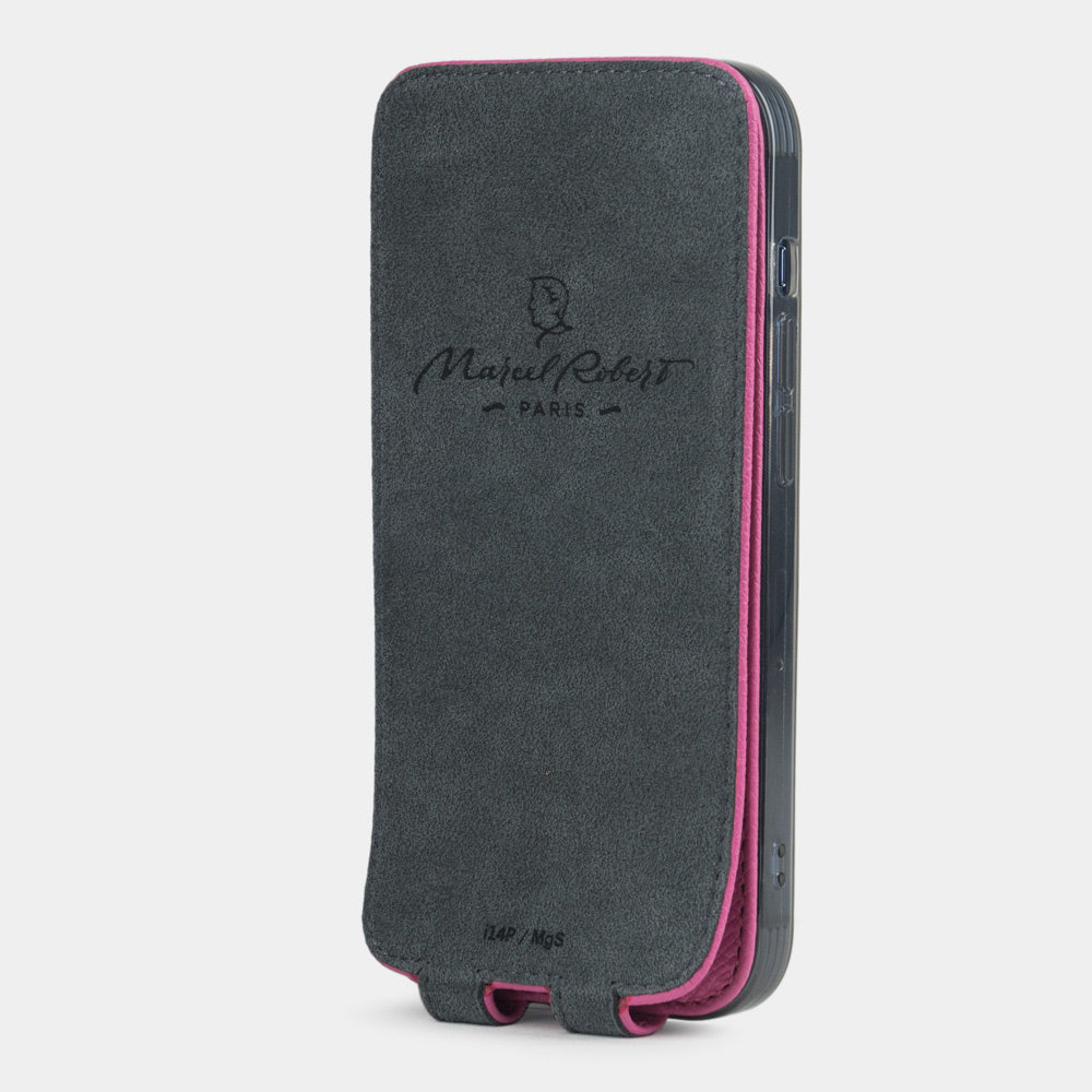 fushia Calfskin leather Flip Case iPhone 16 Plus - interior view showing grey Alcantara lining with magnetic closure, designed to clean and protect the screen