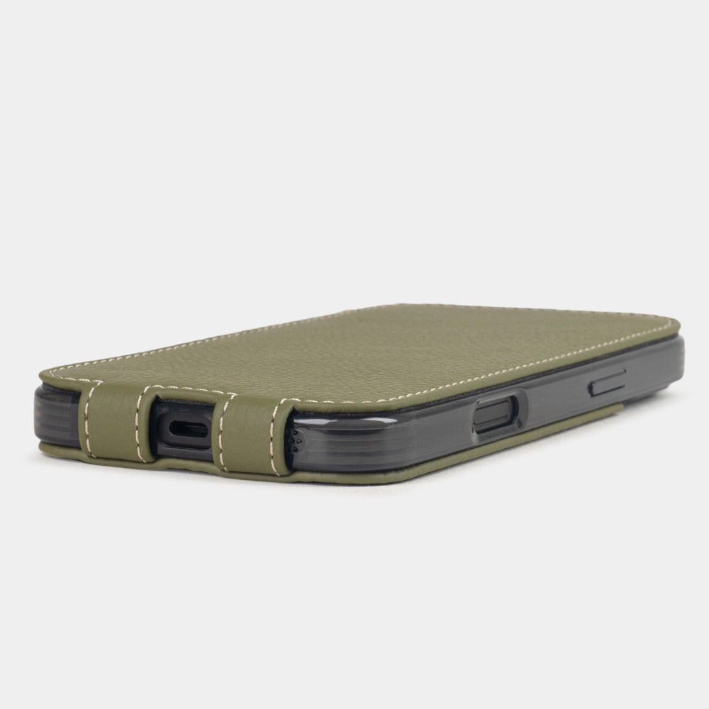 green calfskin leather Flip Case iPhone 16 plus - flat side view displaying ultra-thin handcrafted design, USB-C port opening and precise edge finishing