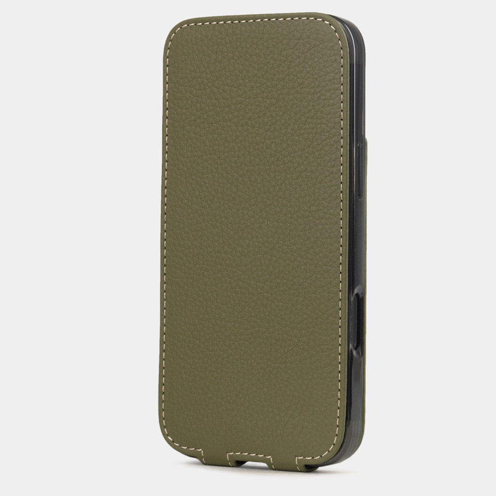 green Calfskin leather Flip Case iPhone 16 Plus – upright closed view highlighting the magnetic front cover fully protecting the screen, elegant silhouette