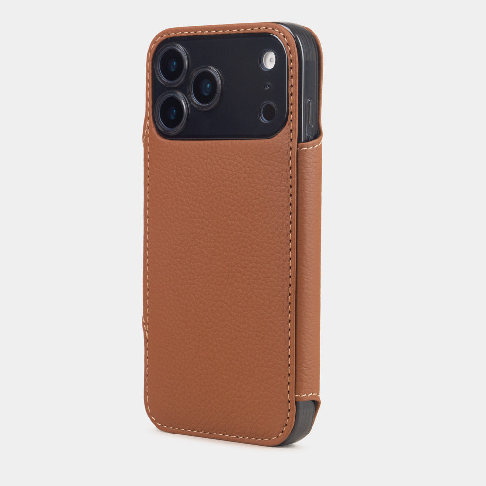 Gold Calfskin Wallet Case iPhone 17 Pro 3 cardholder slots blue - view from camera side and how the lenses are efficiently protected