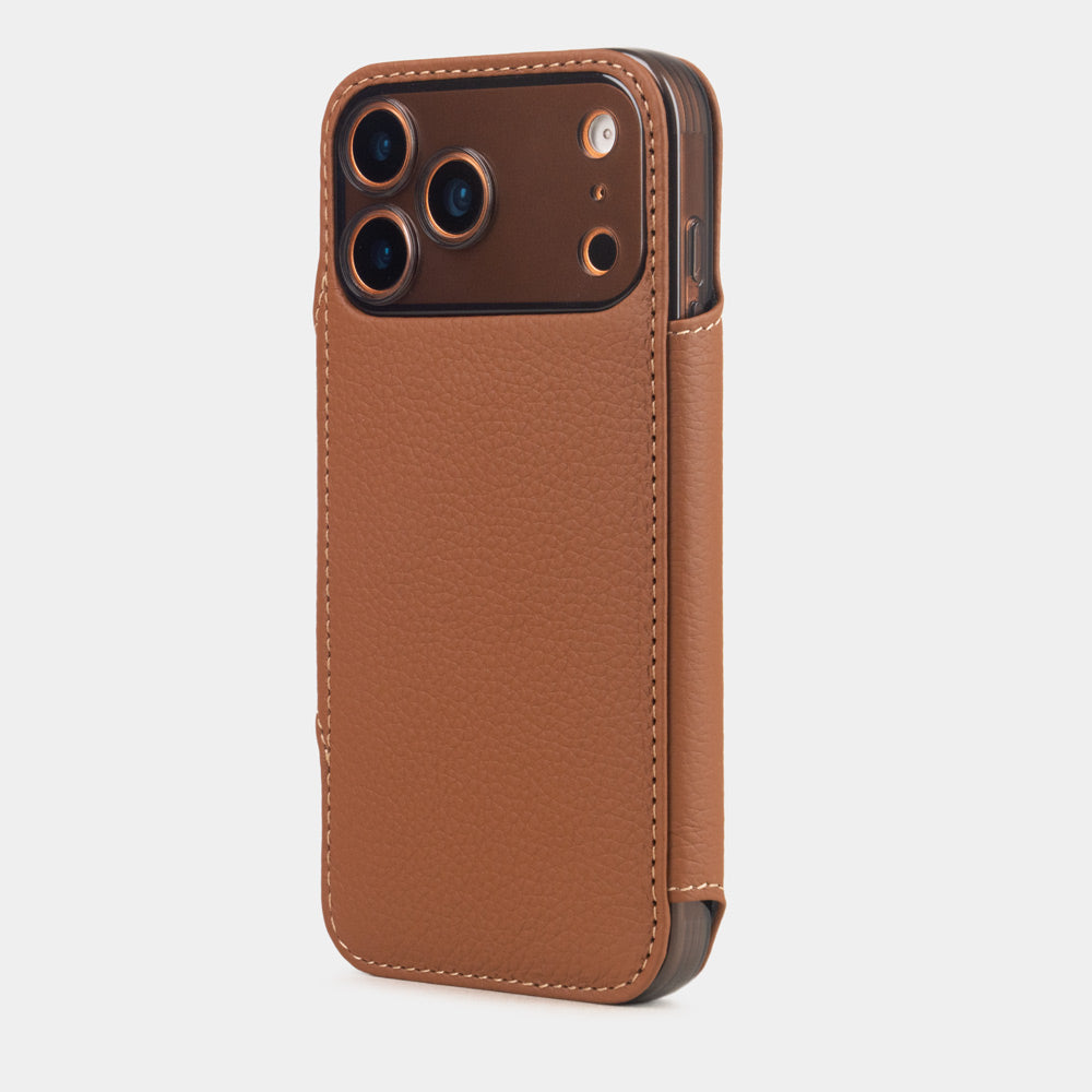 Gold Calfskin Wallet Case iPhone 17 Pro 3 cardholder slots orange - view from camera side and how the lenses are efficiently protected