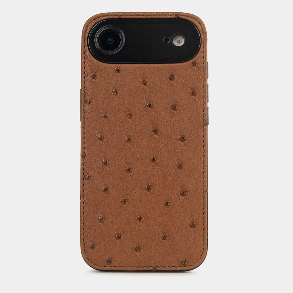 Gold Ostrich Cover Case iPhone 17 Air - case with textured quill pattern, view from camera side and how the lenses are efficiently protected