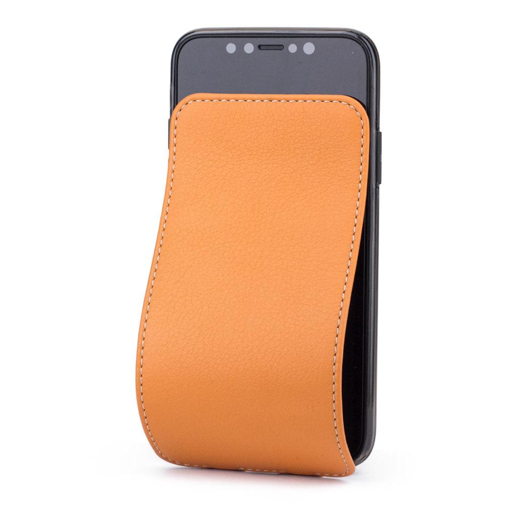 Ocre leather flip case for iPhone X - luxury handmade phone case in genuine leather with magnetic front cover partially open