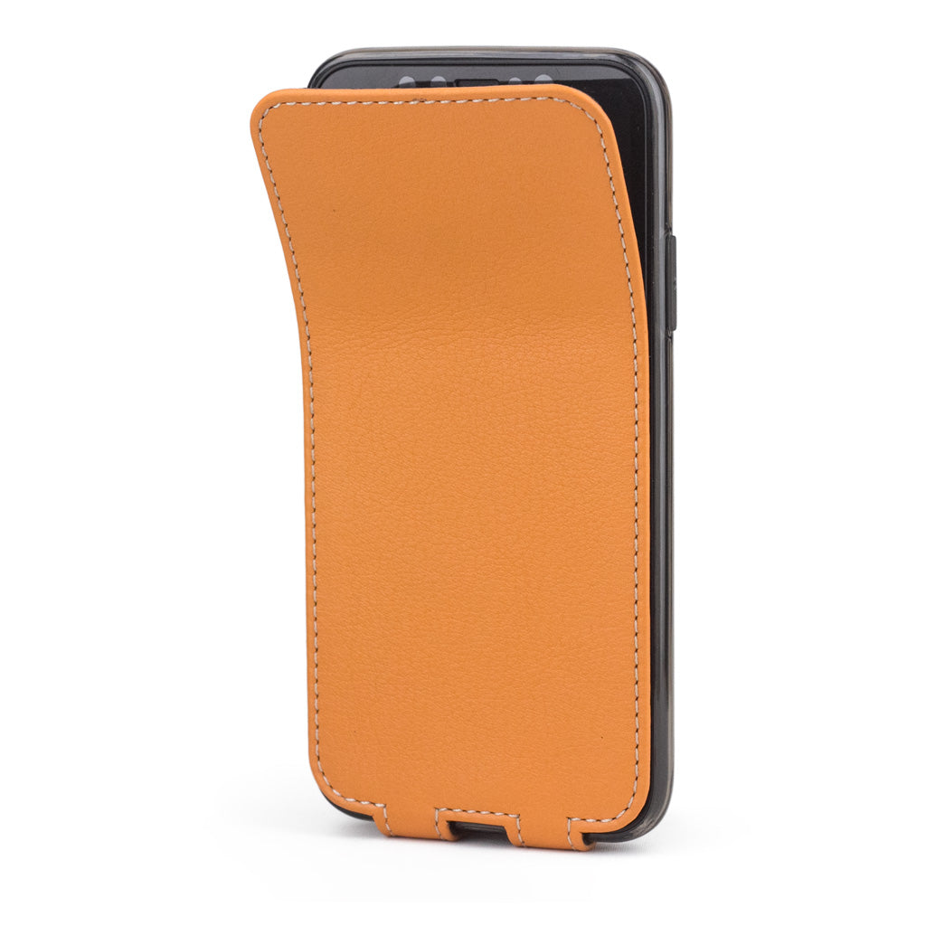 Ocre leather flip case for iPhone X - side view showing the soft folding cover partially open