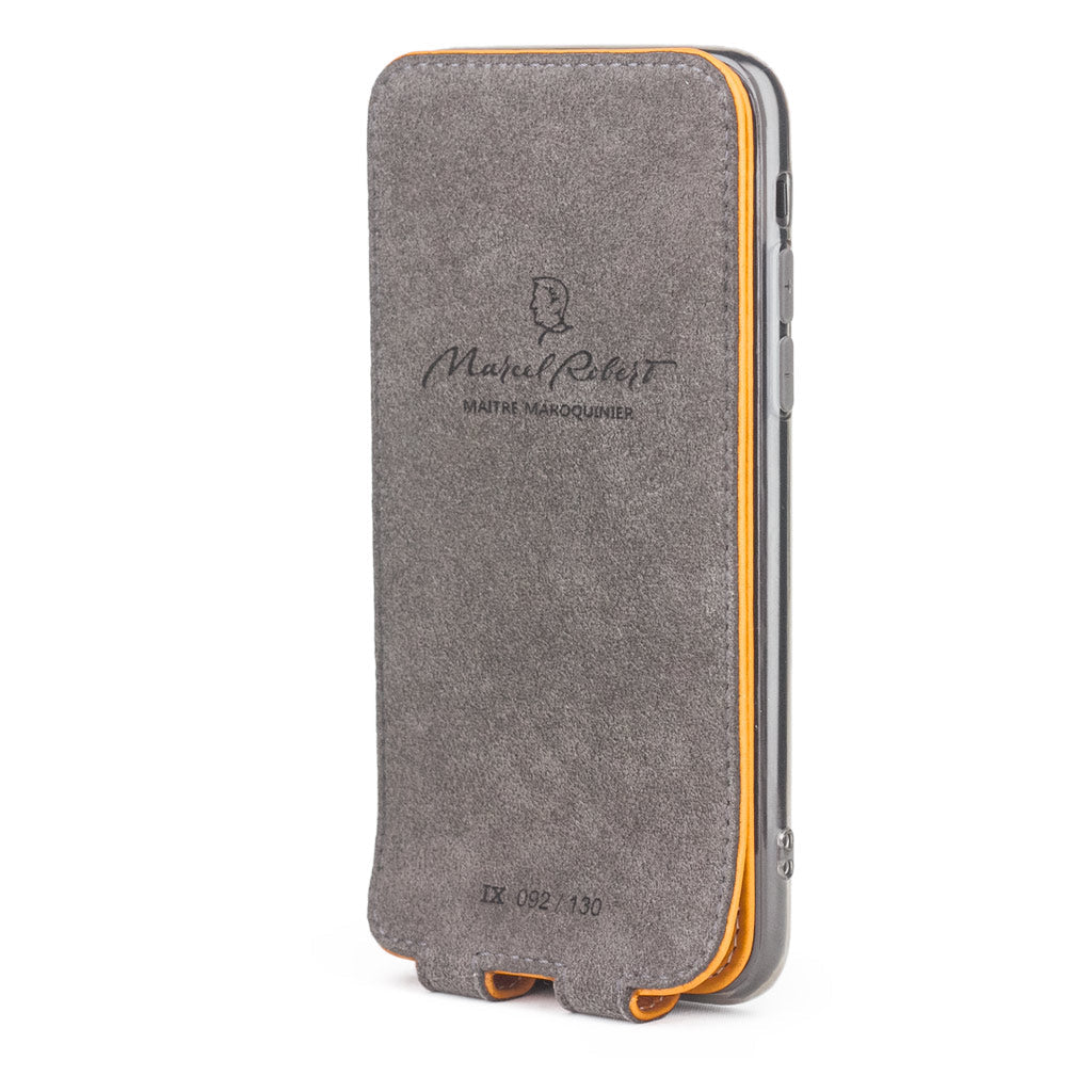ocre leather case for iPhone X - interior view showing the Alcantara lining used to clean the phone screen