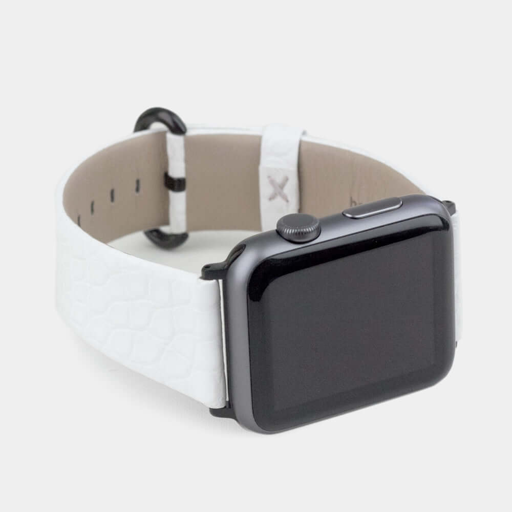 white alligator strap apple watch black adapters and buckle