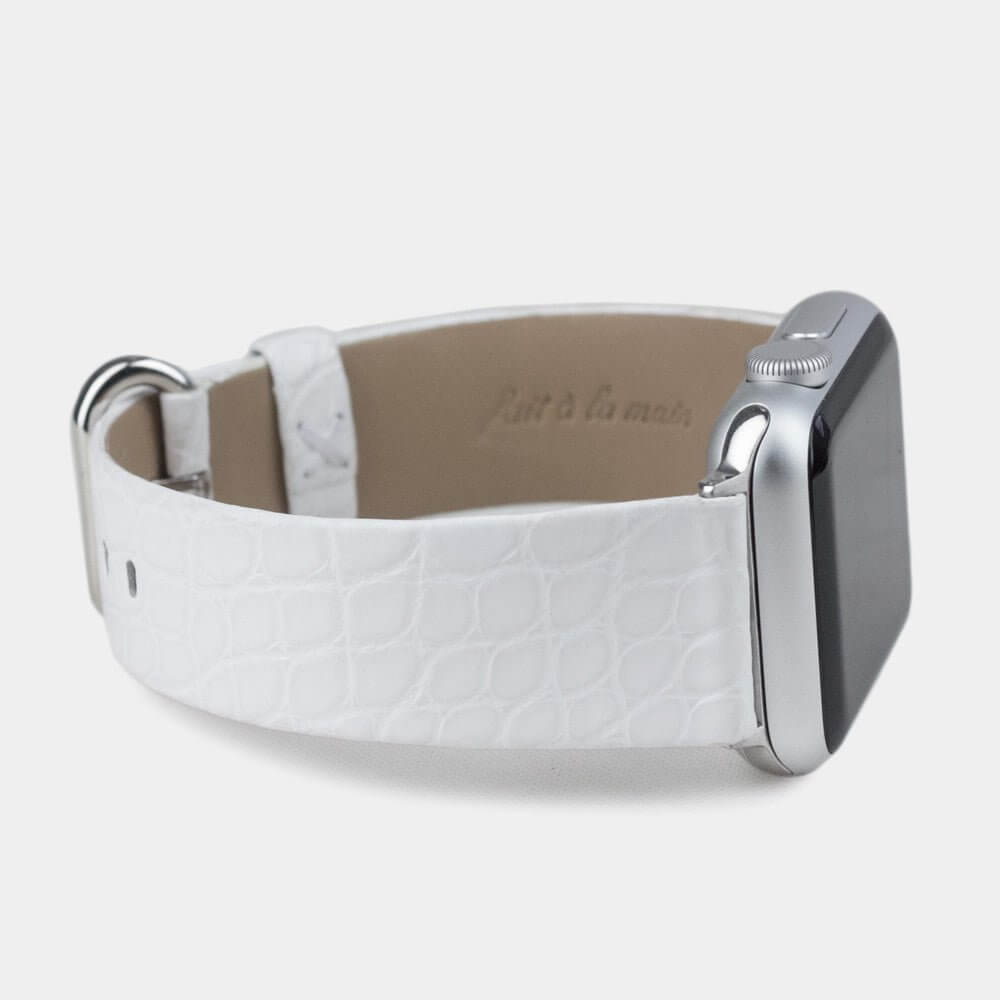 white alligator strap apple watch steel adapters and buckle