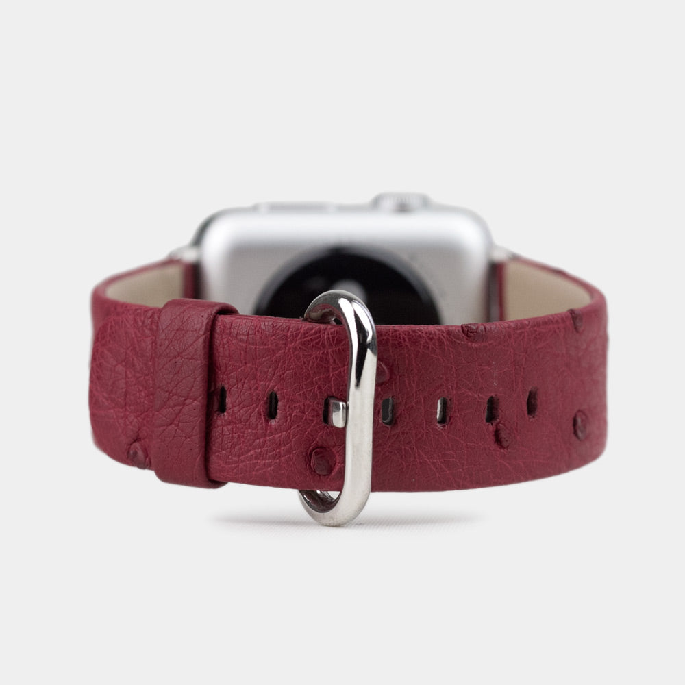 Strap for the Apple Watch 41/42 mm in fuchsia ostrich leather, with steel adapters and buckle | main view