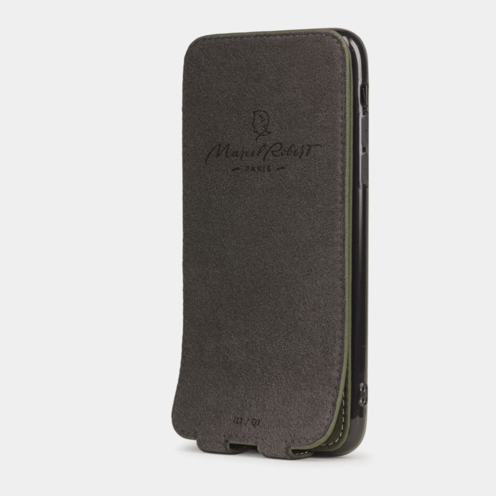 Green calfskin leather flip case iPhone 11, Marcel Robert handmade magnetic folding cover