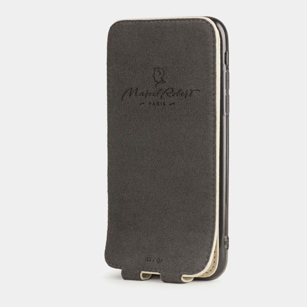 Cream calfskin leather flip case iPhone 11, Marcel Robert handmade magnetic folding cover