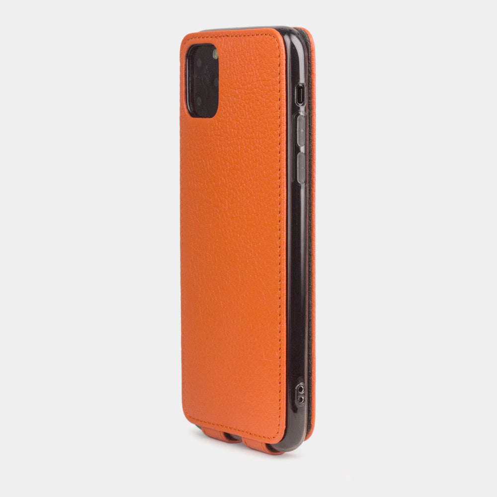 Orange calfskin leather flip case iPhone 11 Pro, Marcel Robert handmade magnetic folding cover