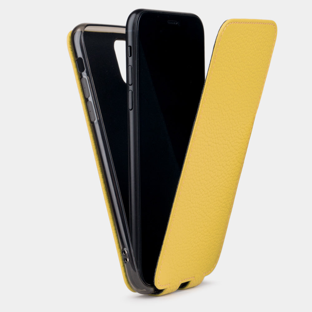 Yellow calfskin leather flip case iPhone 11 Pro, Marcel Robert handmade magnetic folding cover