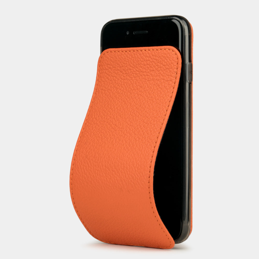 Lederen hoesje Oranje voor iPhone SE - luxe hoesje van echt leer met gedeeltelijk geopende magnetische klep