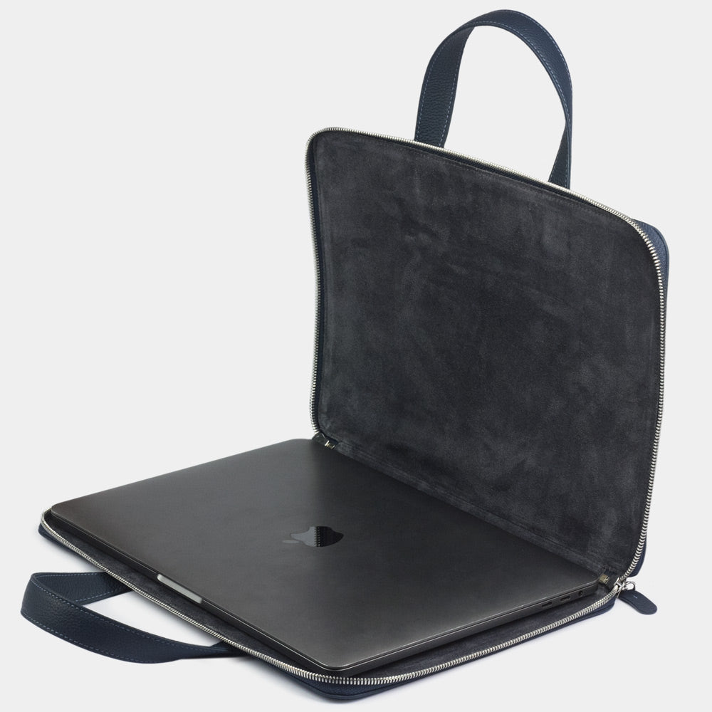 17 inch blue leather laptop bag slim profile with laptop inside, elegant business briefcase