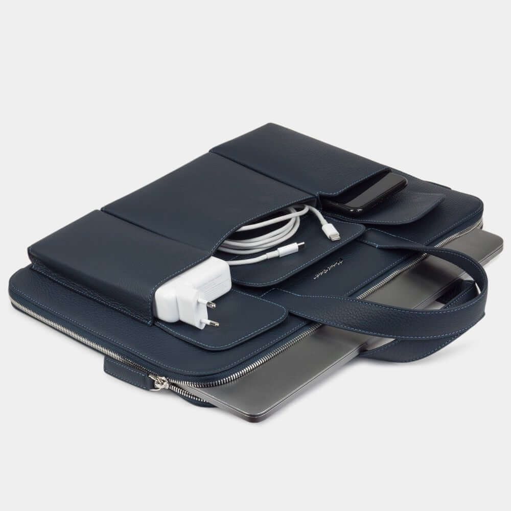 Leather Notebook Bag 17'' with Pockets Blue | Marcel Robert - 4