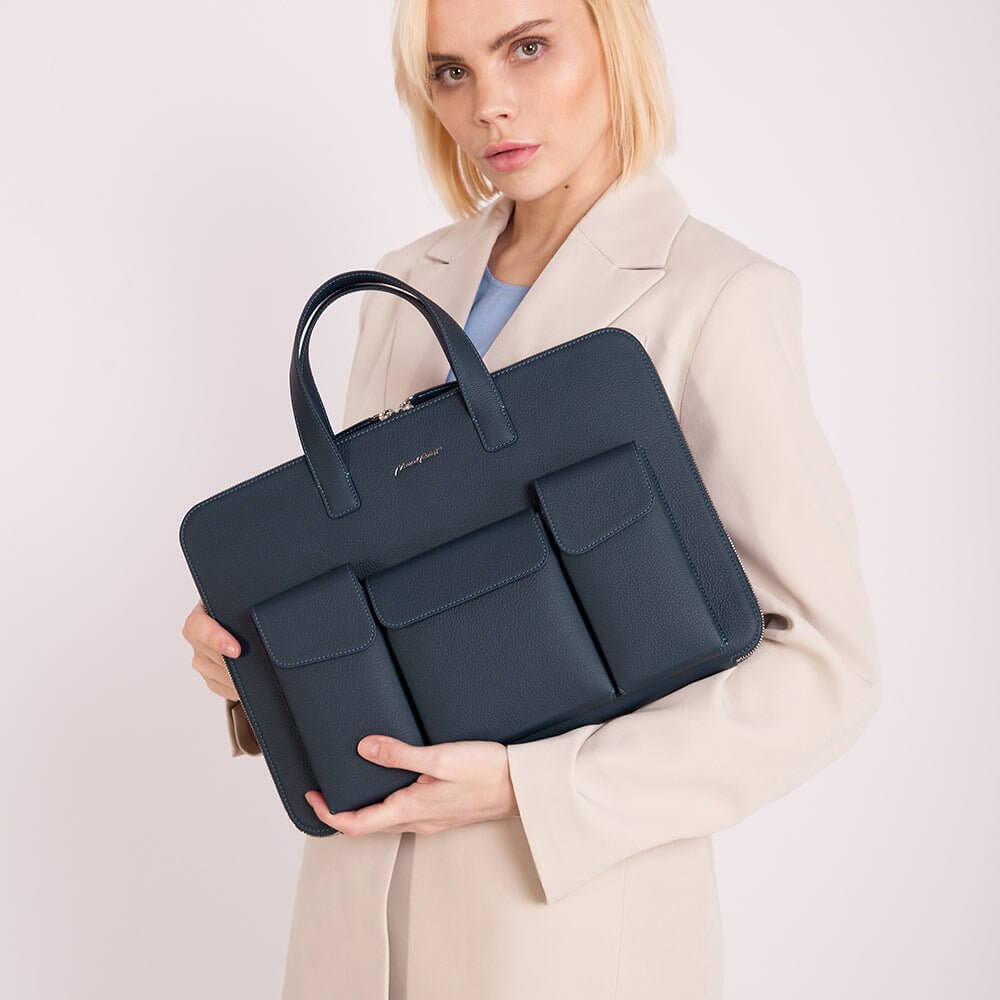 Leather Notebook Bag 17'' with Pockets Blue | Marcel Robert - 5