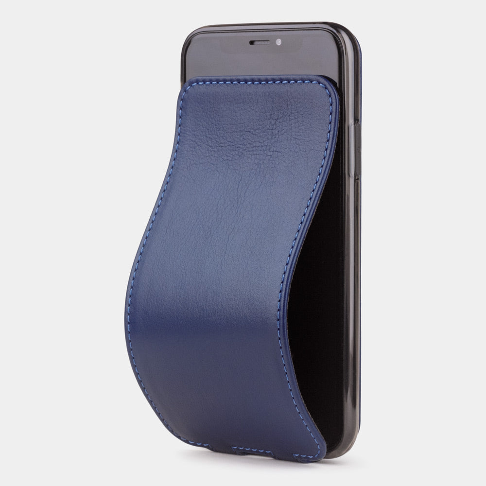 Blue Indigo leather flip case for iPhone X - luxury handmade phone case in genuine leather with magnetic front cover partially open