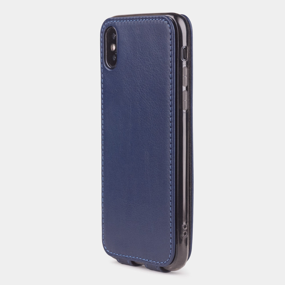 blue indigo leather case for iPhone X - back view showing the camera cutout & optical lens efficiently protected