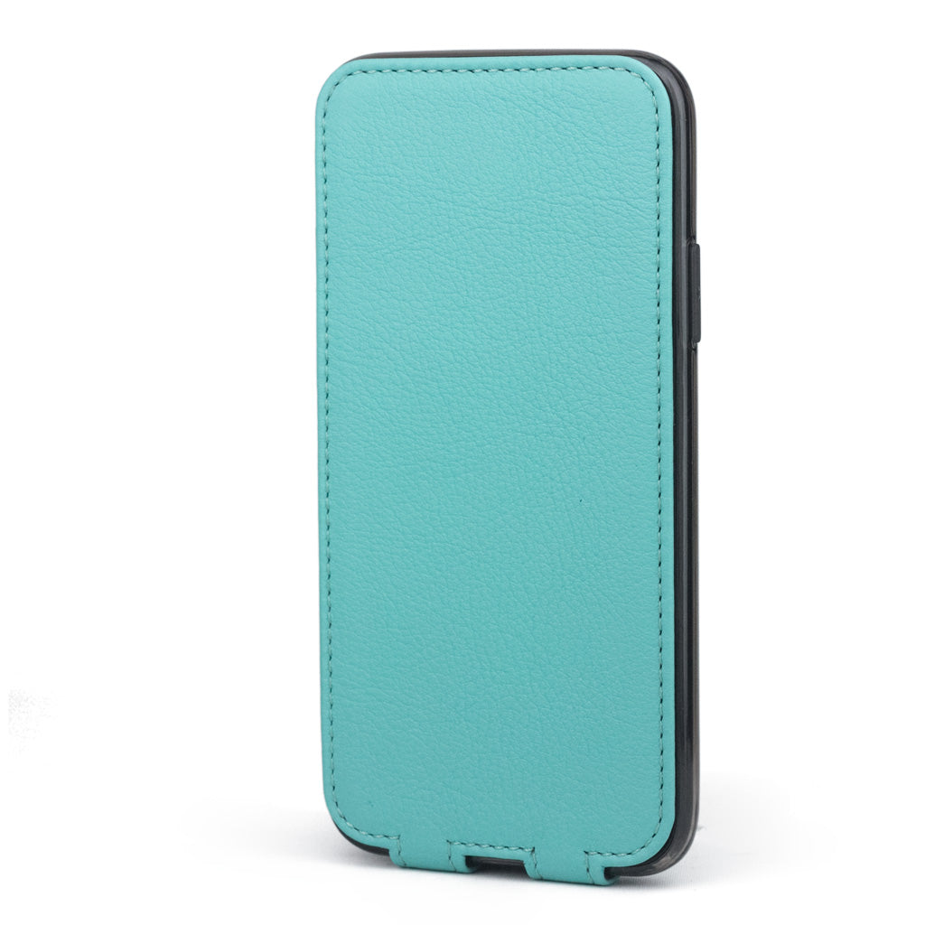 Tiffany Blue leather flip case for iPhone X - upright closed view showing the front cover