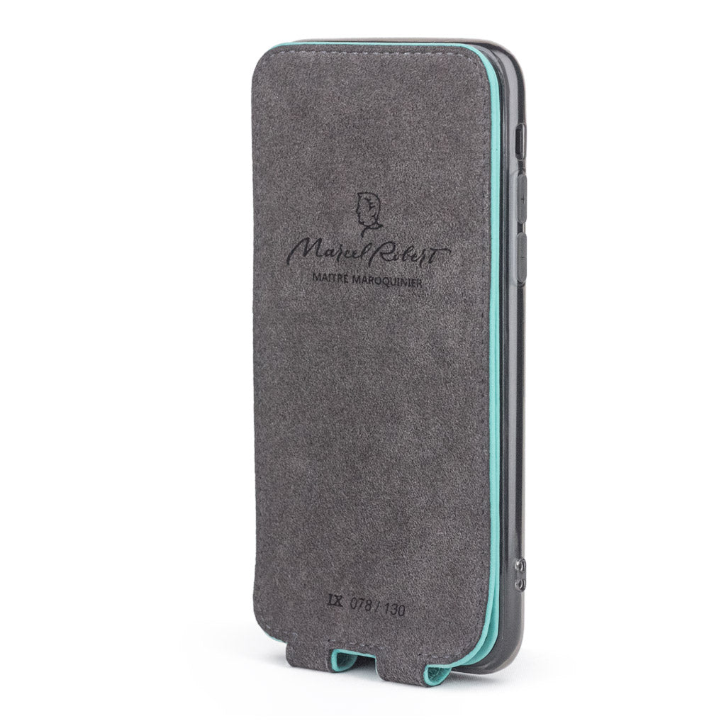 Tiffany Blue leather flip case for iPhone X - interior view showing the Alcantara lining with Marcel Robert branding