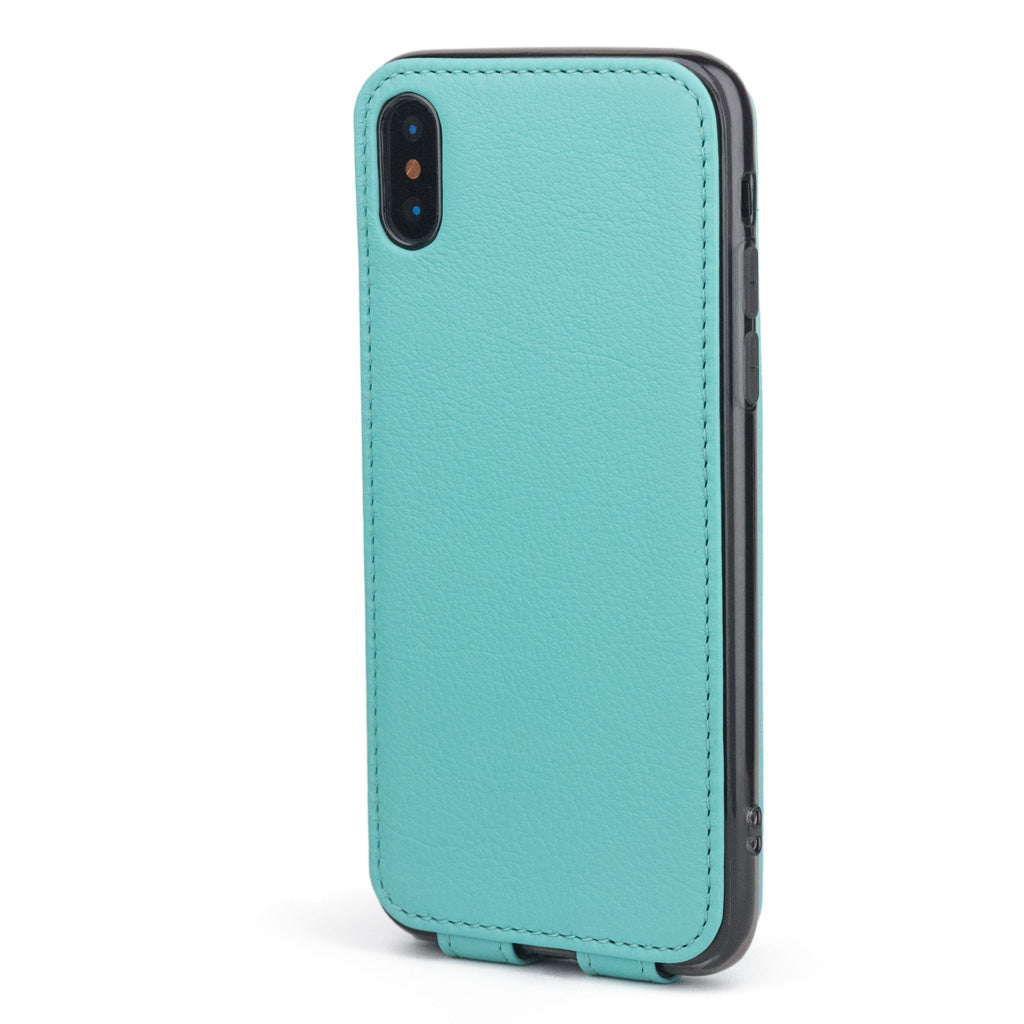 Tiffany Blue leather case for iPhone X - back view showing the camera cutout & optical lens efficiently protected