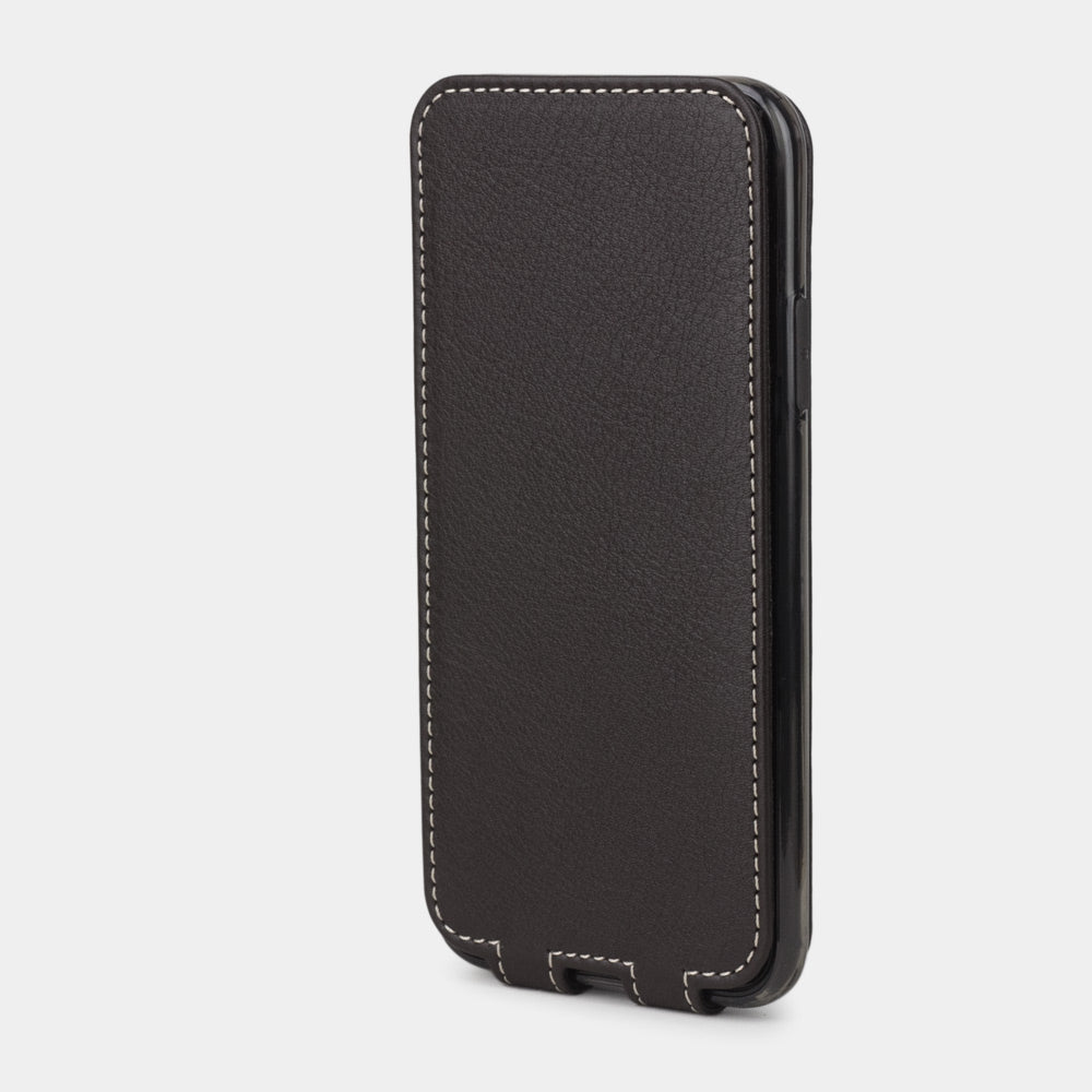 Brown leather case for iPhone X - upright closed view showing the front cover