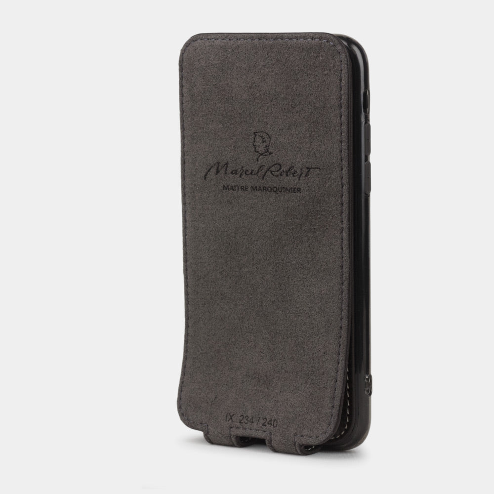 Brown leather case for iPhone X - interior view showing the Alcantara lining used to clean the phone screen