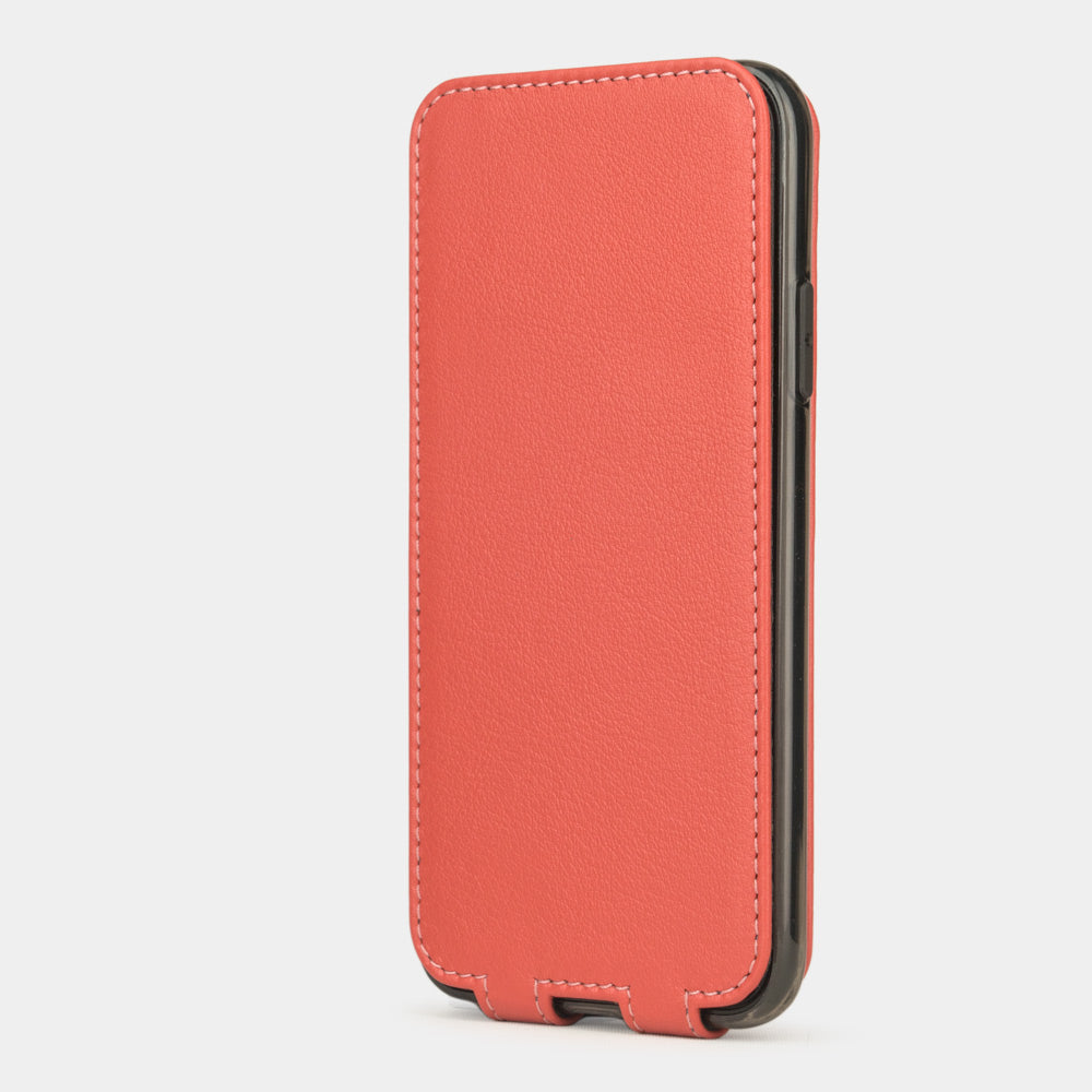 Red Coral leather flip case for iPhone X - upright closed view showing the front cover