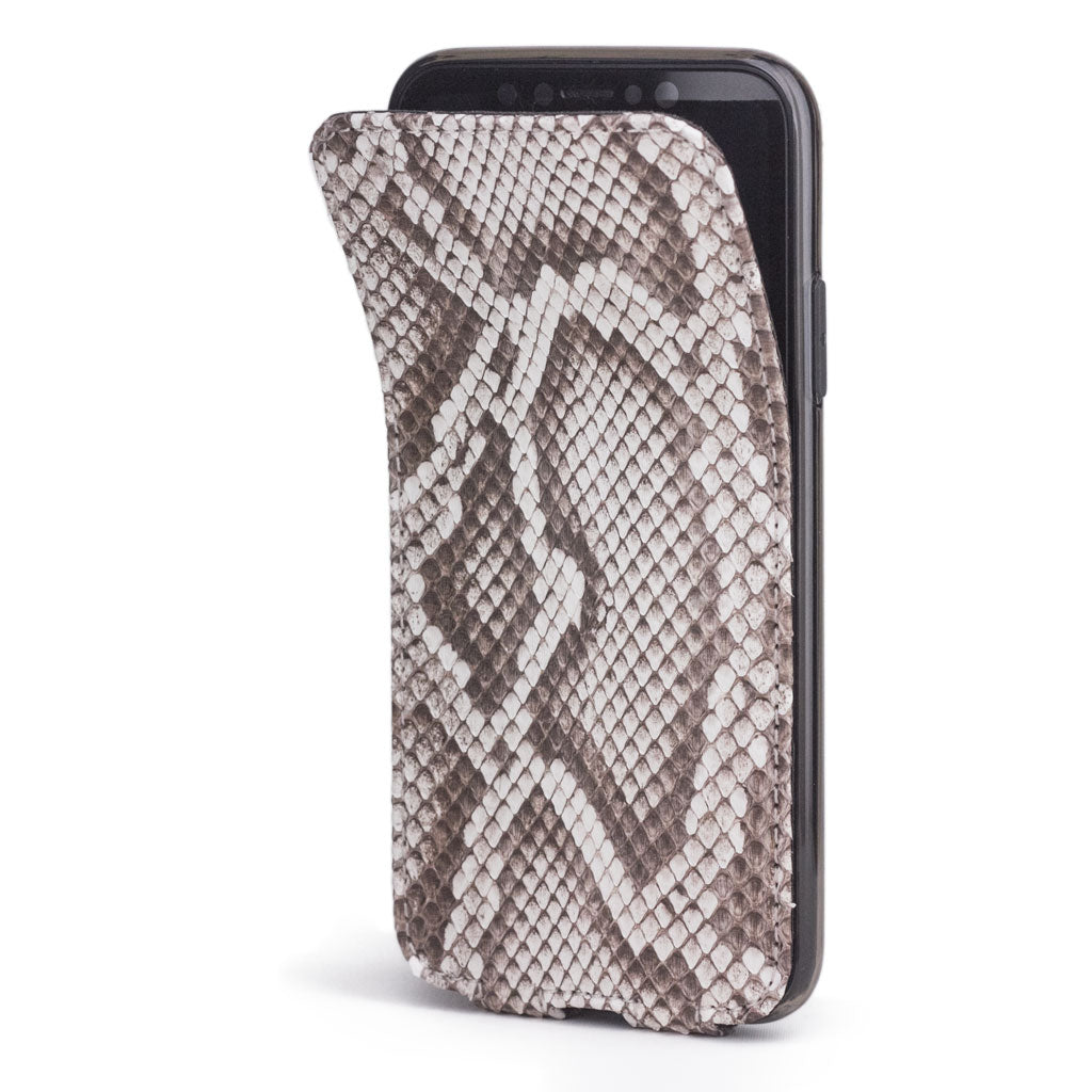 Natural python leather flip case for iPhone XS Max - side view showing the folding cover open