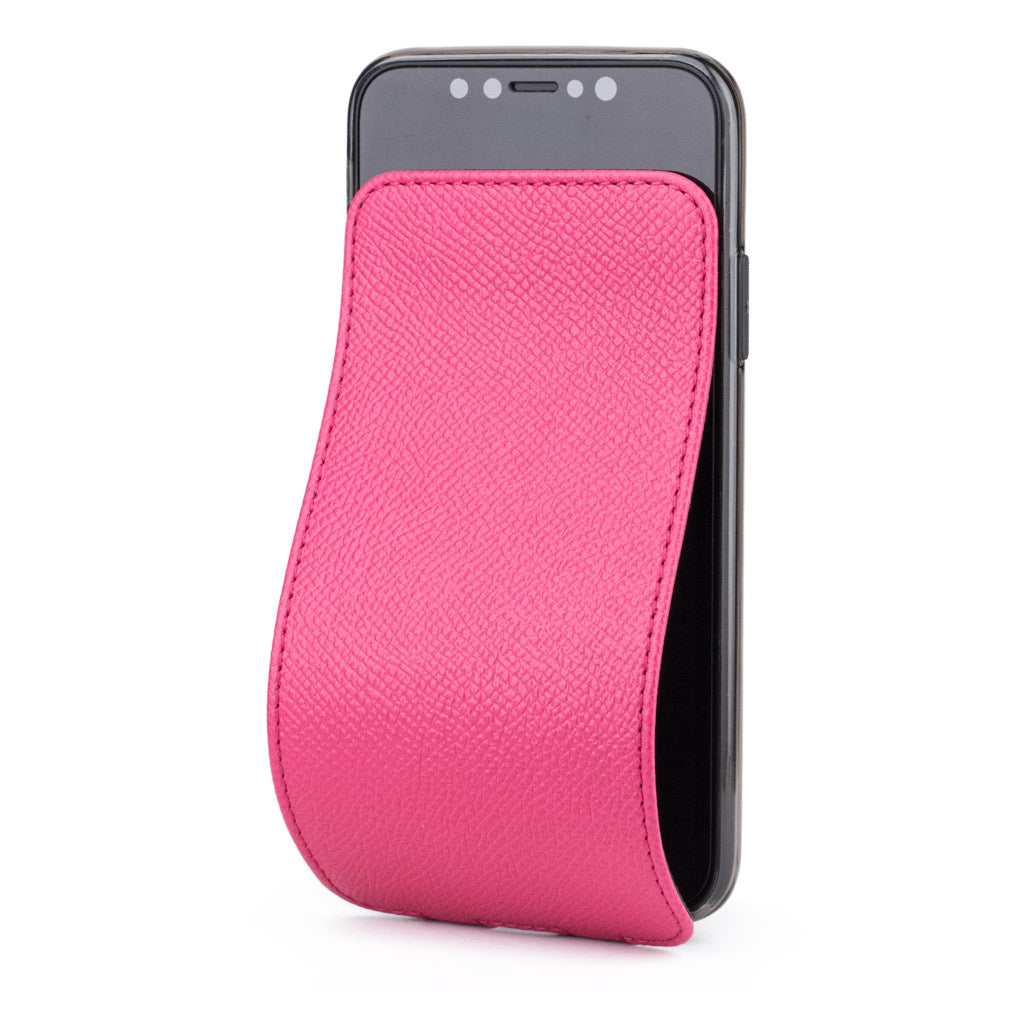 Pink Fluo leather flip case for iPhone X - luxury handmade phone case in genuine leather with magnetic front cover partially open