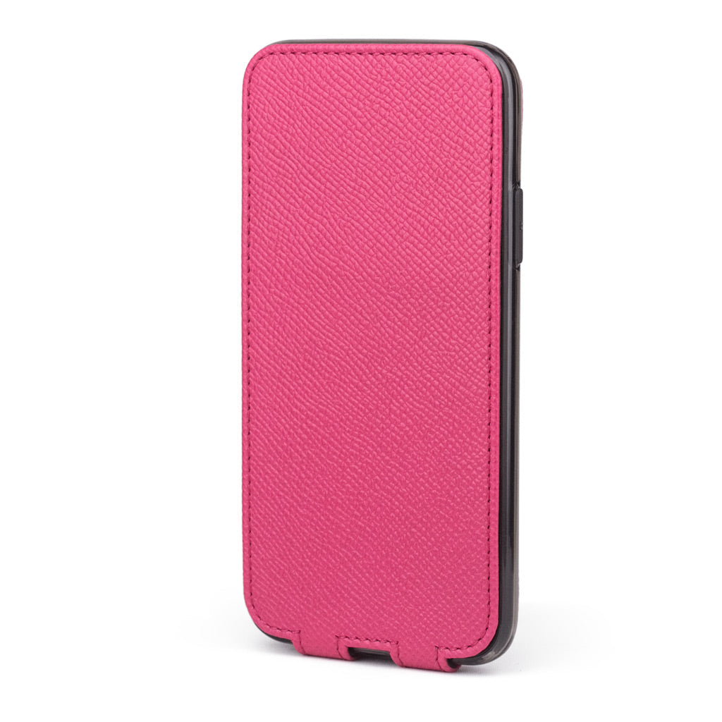 Pink Fluo leather flip case for iPhone X - upright closed view showing the front cover
